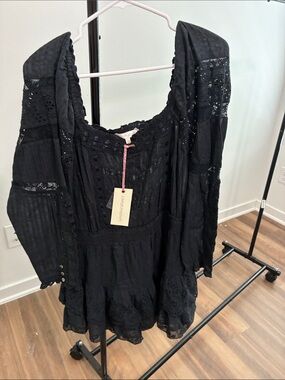 LoveShackFancy Black Eyelet Lace Mini Dress